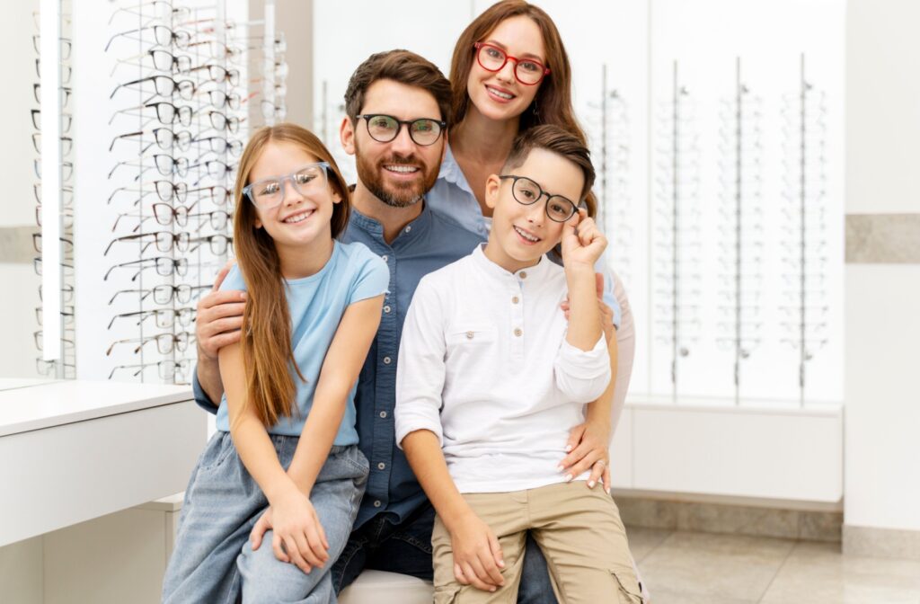 A smiling family of four wearing glasses poses together inside an optical store.